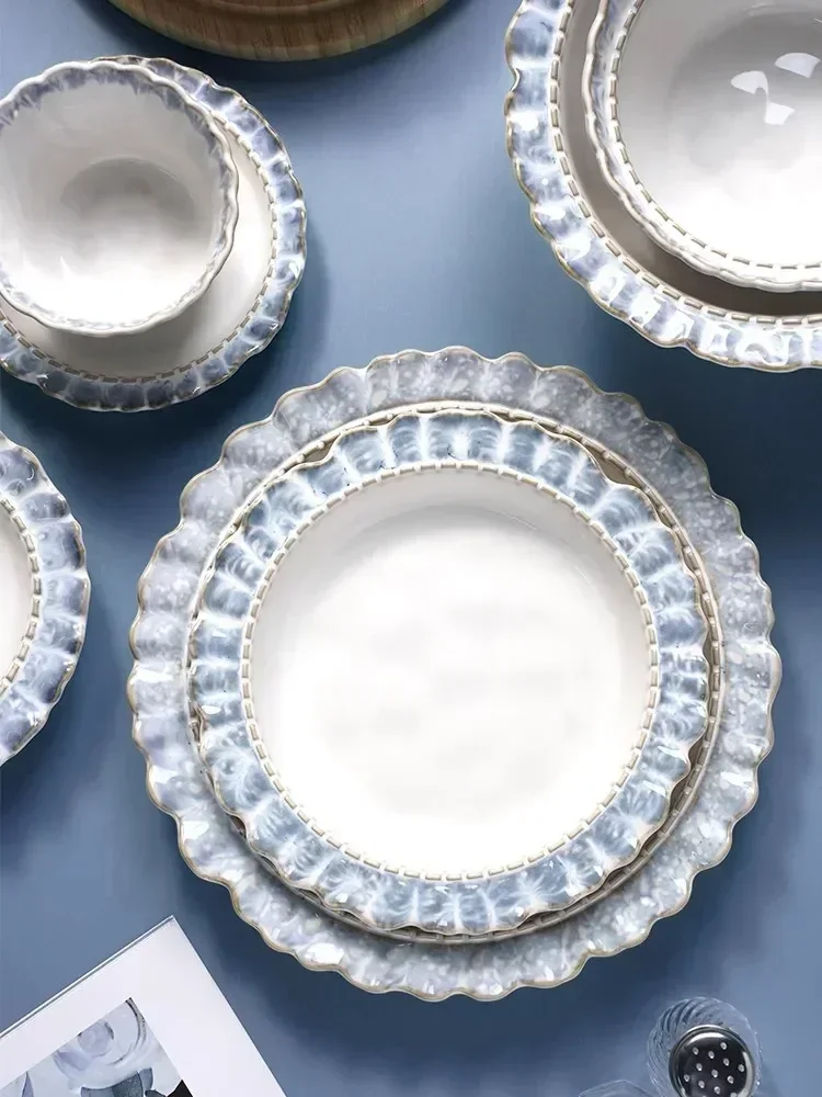 Smoke blue lace ceramic tableware set French retro affordable luxury western food dessert breakfast beautiful