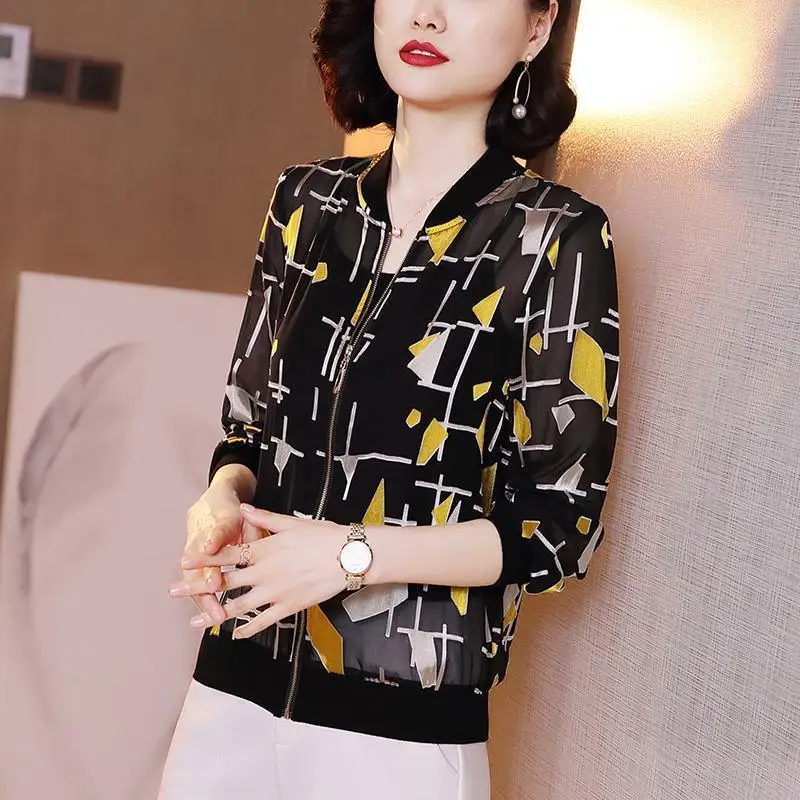 Size M-5XL Women Chiffon Printing Jacket Summer Sunscreen Thin Coat Anti-sunburn Cardigan Baseball Uniform Female Long Sleeve