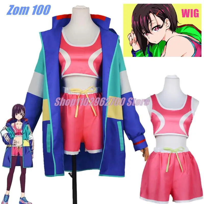 Zom 100 Bucket List of The Dead Shizuka Mikazuki Cosplay Costume Wig Hairpin Hoodie Jacket Pink Vest Shorts Pantyhose Purple Wig