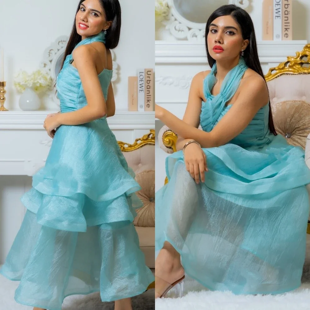 

Fashion Prom Saudi Arabia Halter A-line Party Dress Shirred Anke length Layered Skirts Organza Homecoming فساتين السهرة