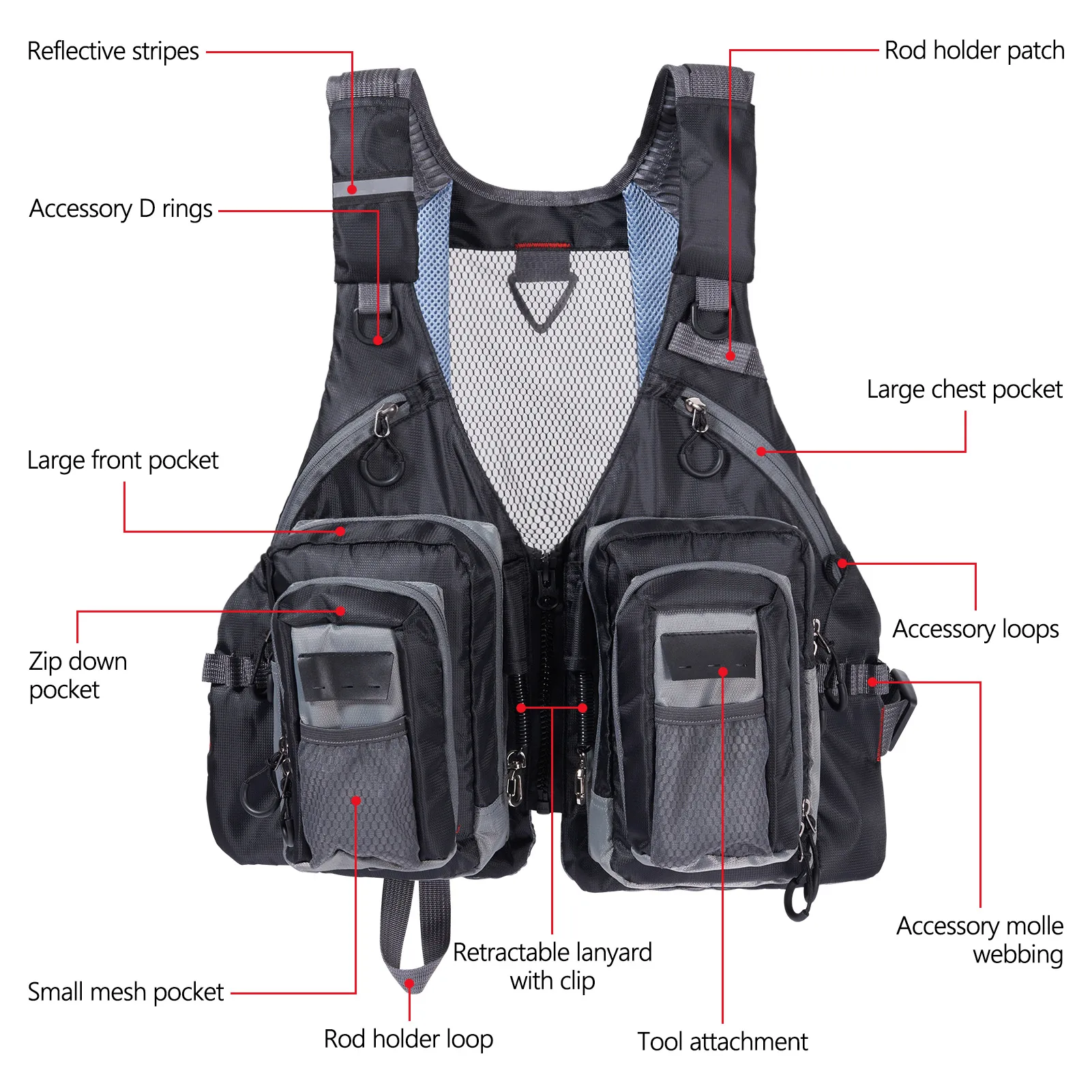 BASSDASH Fly Fishing Vest with Pockets Adjustable Size for Men Women Bass Trout  Fishing FV12