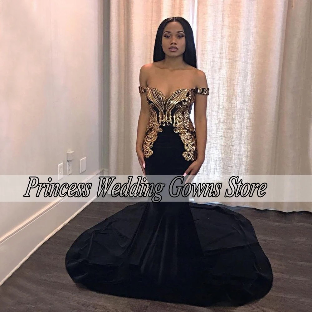 Vintage Black Velvet Prom Dresses Off Shoulder With Applique Floor Length Custom Pageant African Evening Gown Vestido De Noche dark green prom dress