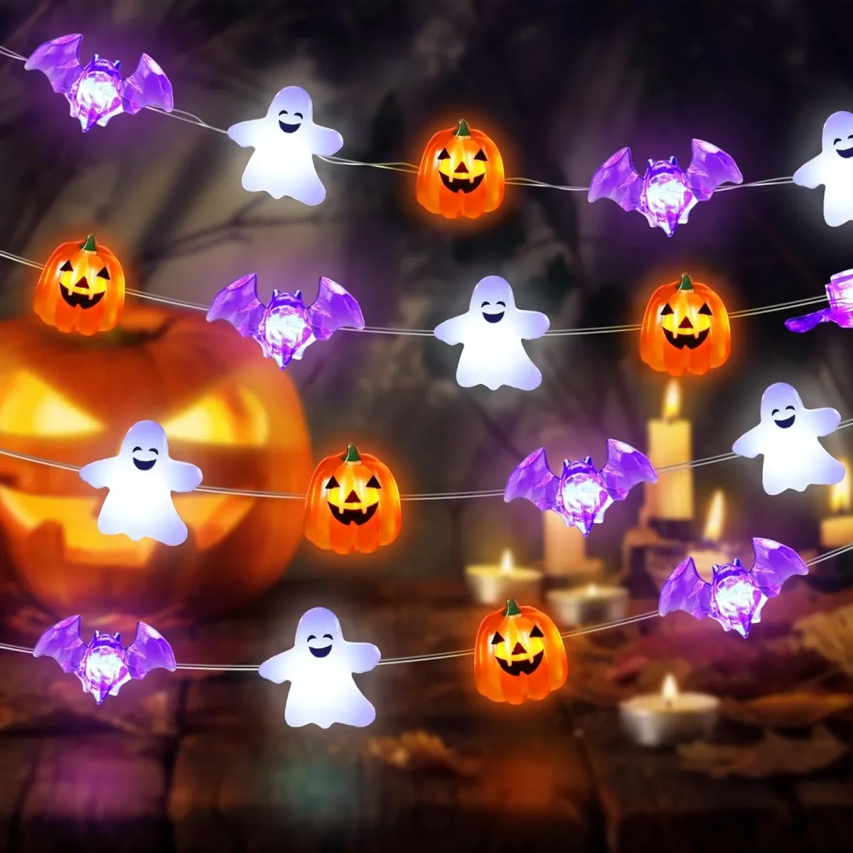 1pc 20/30 LED Halloween Copper Wire String Light With Mini Ghost Pumpkin Bat Fairy Lamp For Home Halloween Party Festival Decor 2