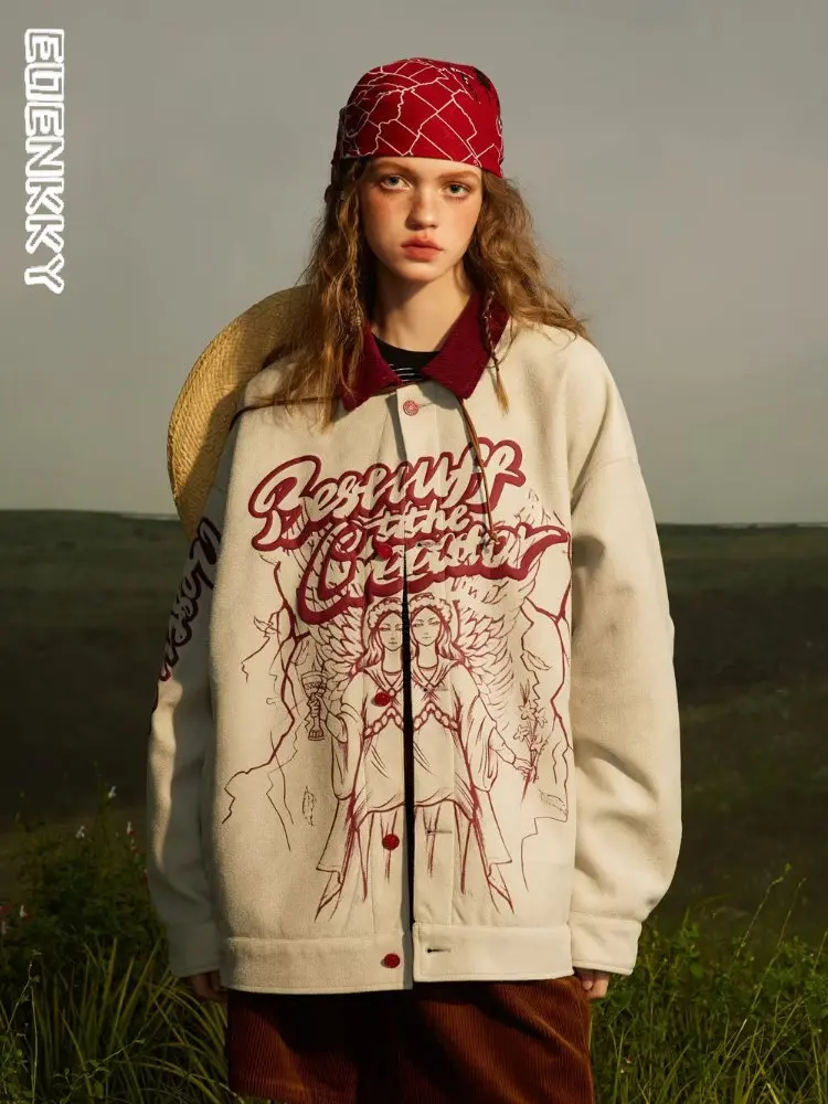 

Vintage Autumn Suede Jacket Women Chic Loose Retro Printing Bomber Jackets Female Spring Casual Fashion High Street Outwear 2023