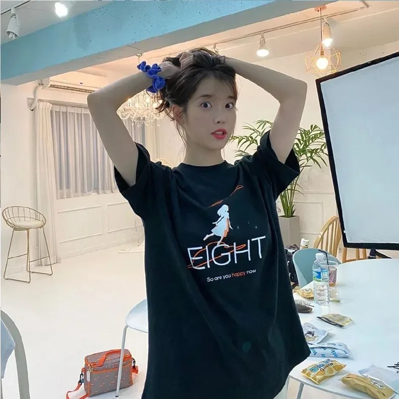 K pop kpop iu novo hit canção oito imagem dos desenhos animados impressão o pescoço casual t camisa para o estilo de verão unise