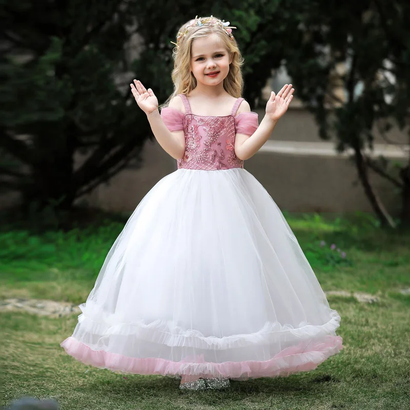 Children's One shoulder Host Dress New Performance Mesh Long Dress For