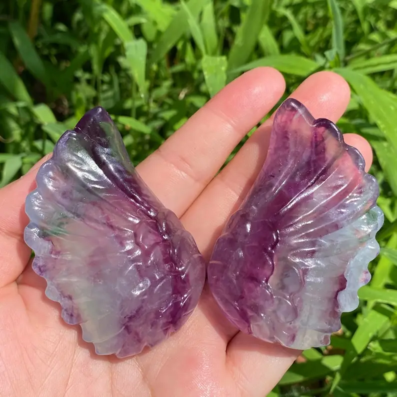 Natural A Pair of Fluorite Wings+ Golden Stents,Wings Of Angel,Mineral samples,Home Decoration,Reiki Heal,Crystal Gifts,Angel's 4