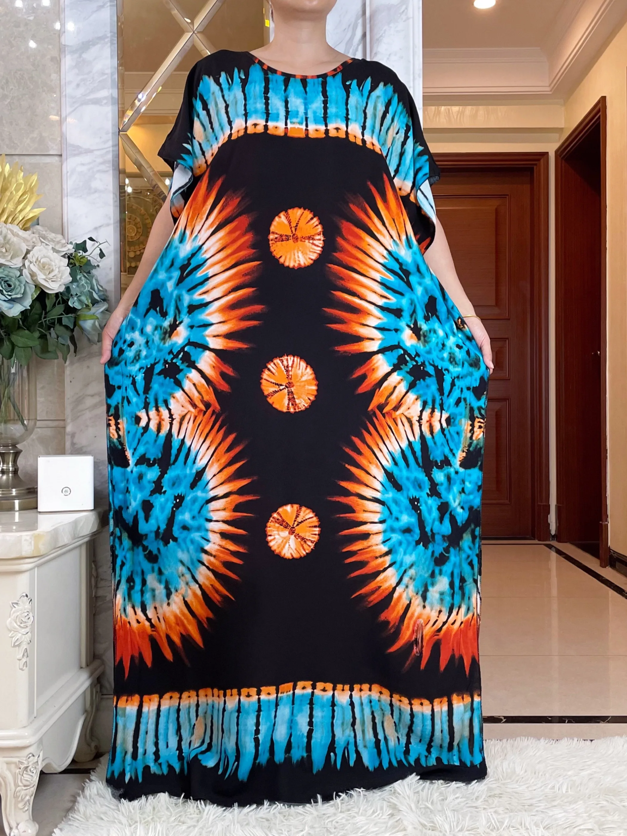 2024New African Women's Summer Short Sleeve Dashiki Cotton Floral Dress Printed Loose Caftan Abaya With Big Scarf Casual Vestido