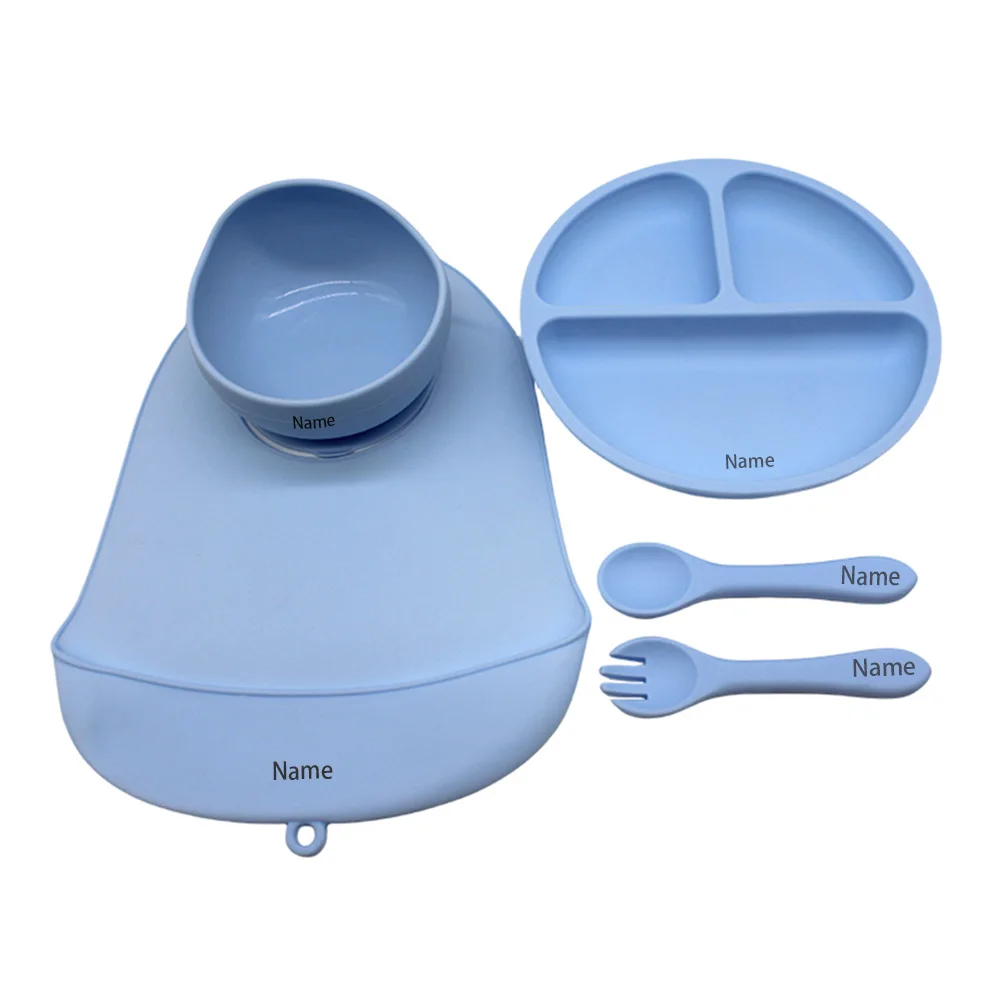 5-Piece Children's Tableware Set with Free Name Printing Personalized Silicone Tableware—Unique Gifts for Boys and Girls.