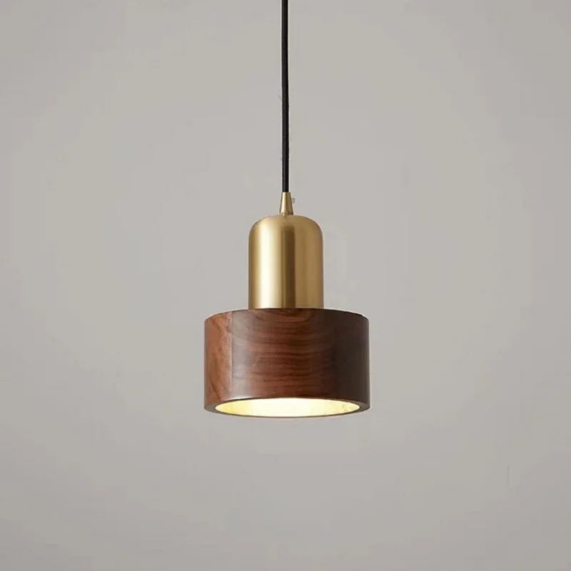 

American Walnut Wood Small Pendant Lamp Creative Retro Bronze Bar Restaurant Hanging Lights Bedroom Bedhead Long Line Chandelier