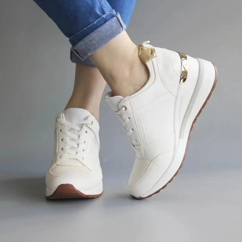 

2023 European and American large sports casual shoes thick soled slope heel round head cross strap sports shoes for women 35-43
