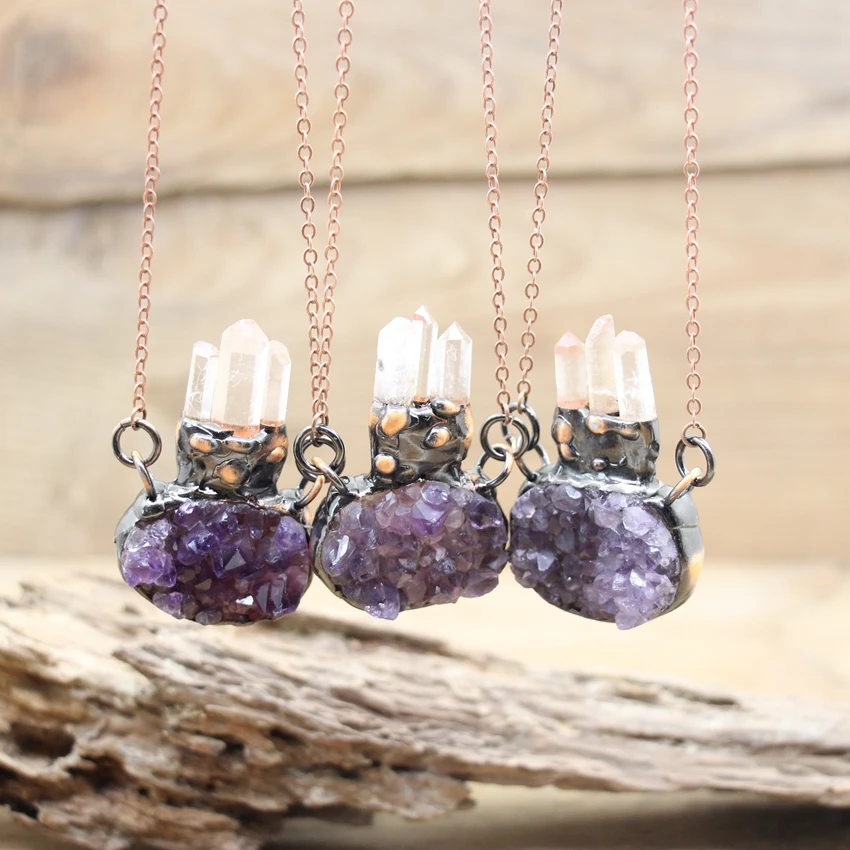 

Soldered Bronze Natural Amethysts Geode Raw Quartz Point Pendants,Antique Necklace Rough Crystal Drusy Retro Boho Jewelry,QC3281