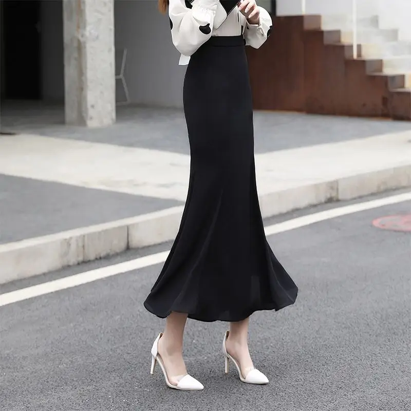 

Long Black High Waist Versatile Commuter Half Skirt 2023 Autumn and Winter New Fashion Wrap Hip Slim A Line C71