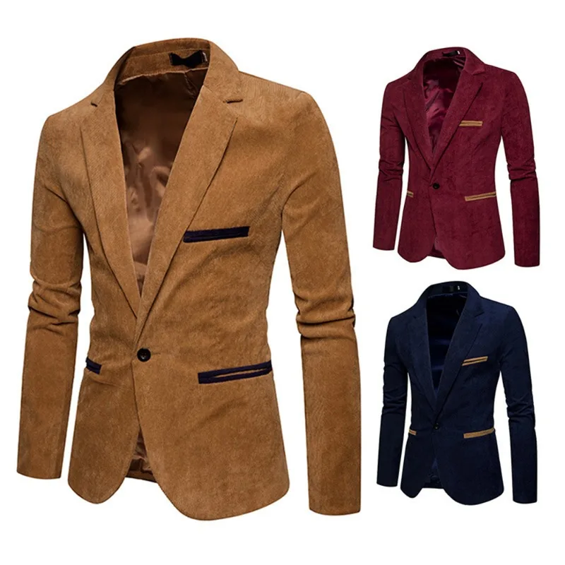 Men's Casual Suit Jacket Fashion Solid Color Corduroy Button Pocket Lapel Jacket Business Party Leisure Suit mens blazer