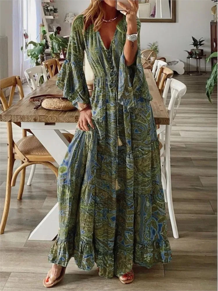 

Women's Bohemian Beach Maxi Dress Spring/Summer Leisure V-neck Long Sleeve Dress Women's Vintage Flower Print Long Dress