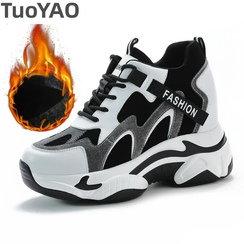 

9cm Cow Genuine Leather Platform Wedge Shoes Autumn Pumps Women Ankle Booties Spring Chunky Sneakers Black Winter Plush Boots