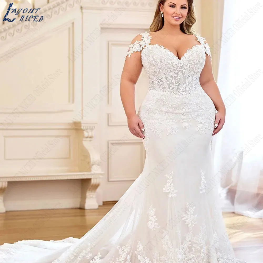 

LAYOUT NICEB Mermaid Plus Size Appliques Bride Dress Cap Sleeveless V-Neck Wedding Gowns Backless Back Button vestidos de fiesta