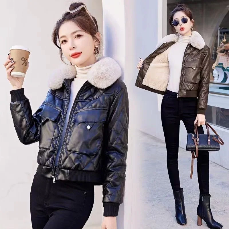 Fur Collar Thick Leather Jacket With Velvet Leather Jackets Women's Short Winter New Fashionable Motorcycle Cotton Fur Outwear