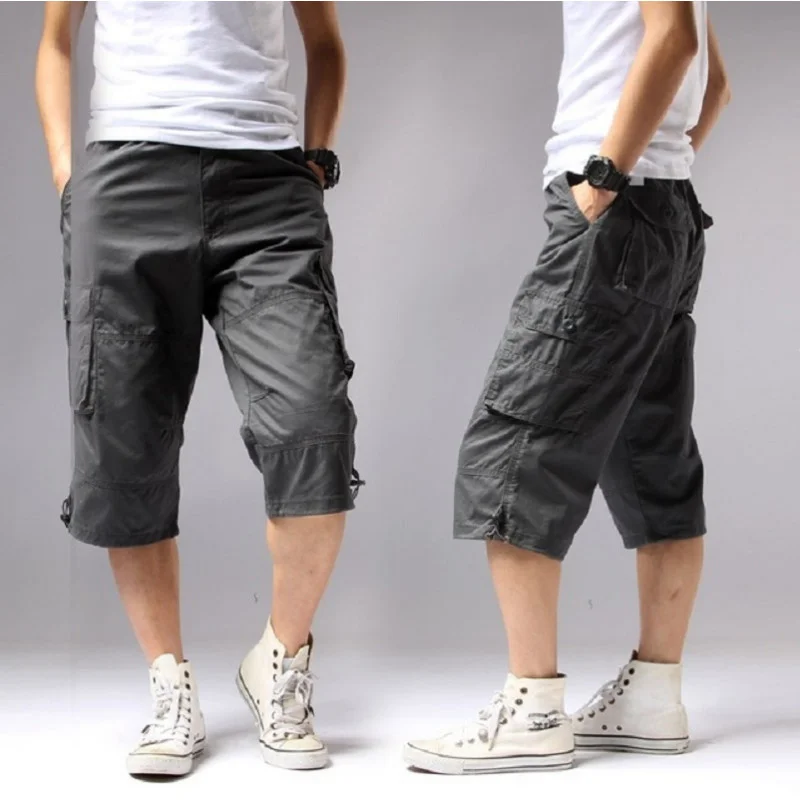 

2022 Summer Long Length Cargo Shorts Men Knee Pocket Casual Cotton Elastic Waist Bermudas Men Military Style Capri Breeche Army