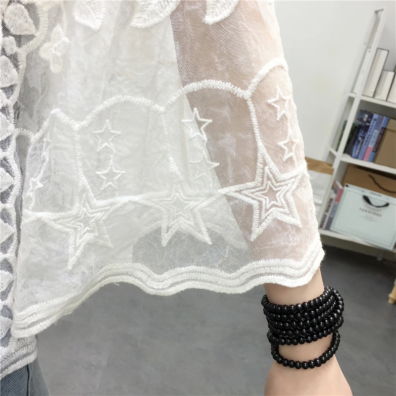 White Embroidery Lace Flare Sleeve Blouse for Women