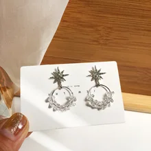 

S925 Silver Earrings New Eight-Pointed Star Circle Crystal Women's Pendant Earrings Personality Eemperament Wild Jewelry Gifts