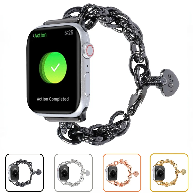 Metal Strap for Apple Watch Band 9 8 7 45mm 41mm Heart Pendant Bracelet Wristband Belt for IWatch 6 5 4 SE 44mm 40mm 42mm Correa