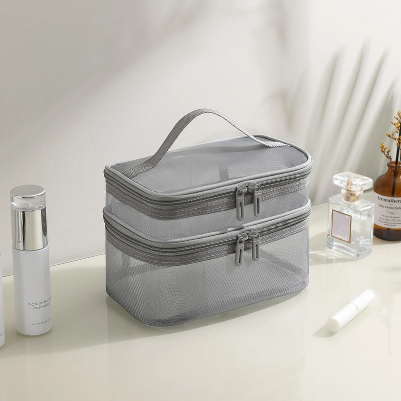 Grey Double Layer Mesh Cosmetic Bag Women Portable Make Up Case Big Capacity Travel Zipper Makeup Organizer Toiletry Storage Box 6
