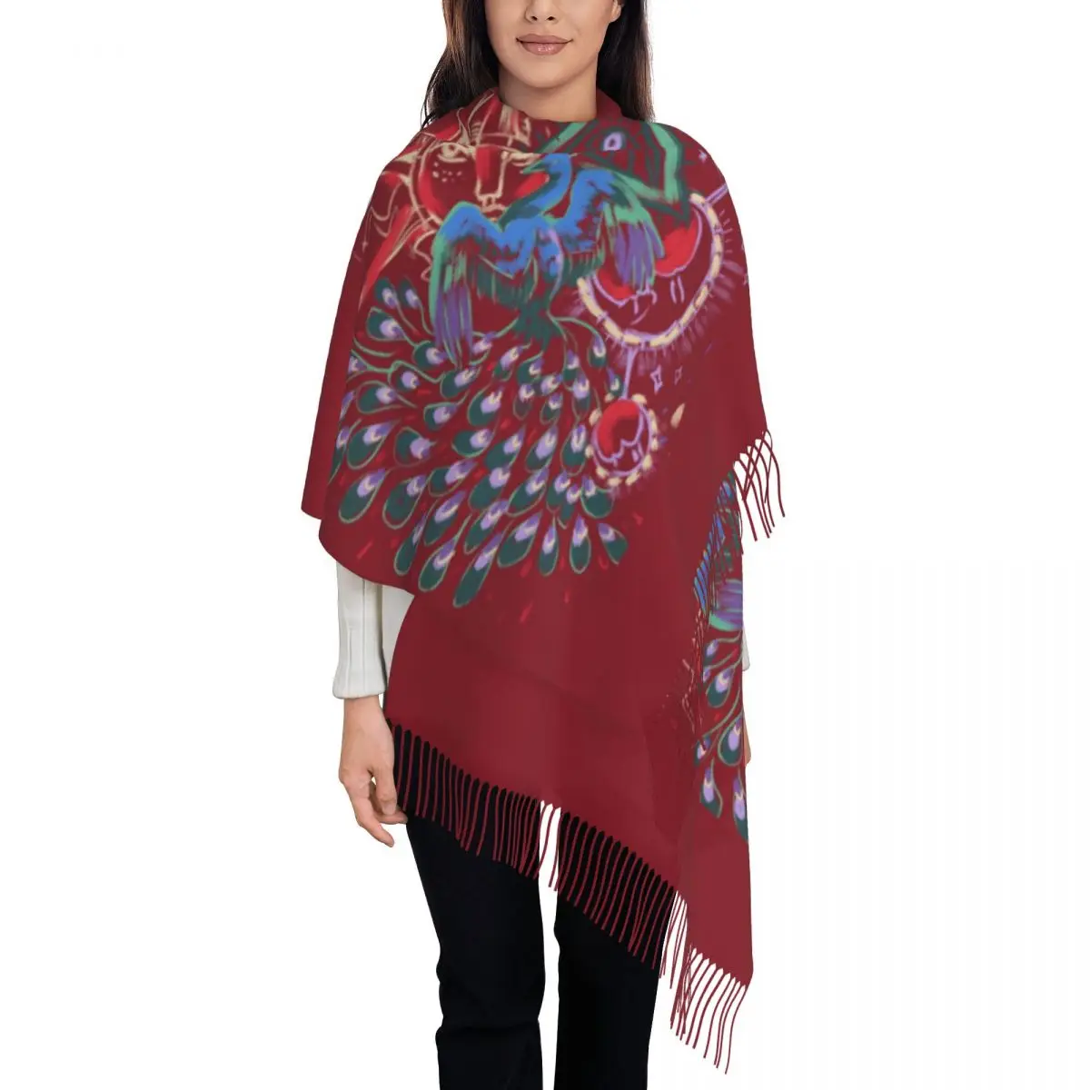 

Женский уличный шарф, большой шарф с длинной кисточкой, с изображением солнца, луны, граффити, популярная шаль в виде павлина, зимние Дизайнерские шарфы для женщин