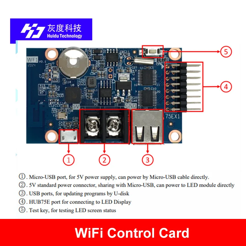 HD-WF1 WF1 񵿱 640W * 32H ȼ 1 * HUB75 RGB 7   LED ÷,   ī, HUIDU WF1