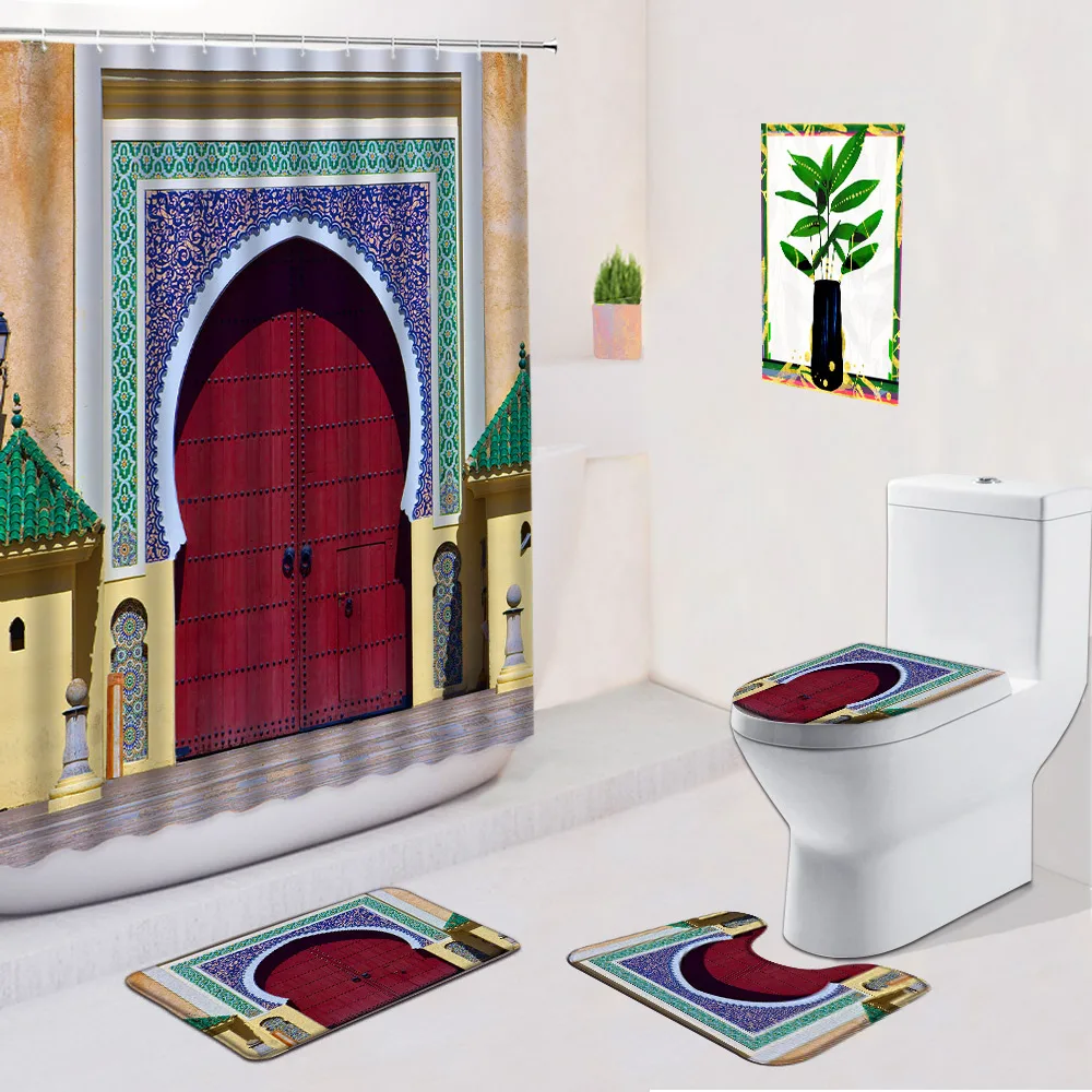 

4pcs Morocco Door Shower Curtain and Bath Mat Vintage European Luxury Palace Door Bathroom Decor Set Cloth Fabric Bath Curtains