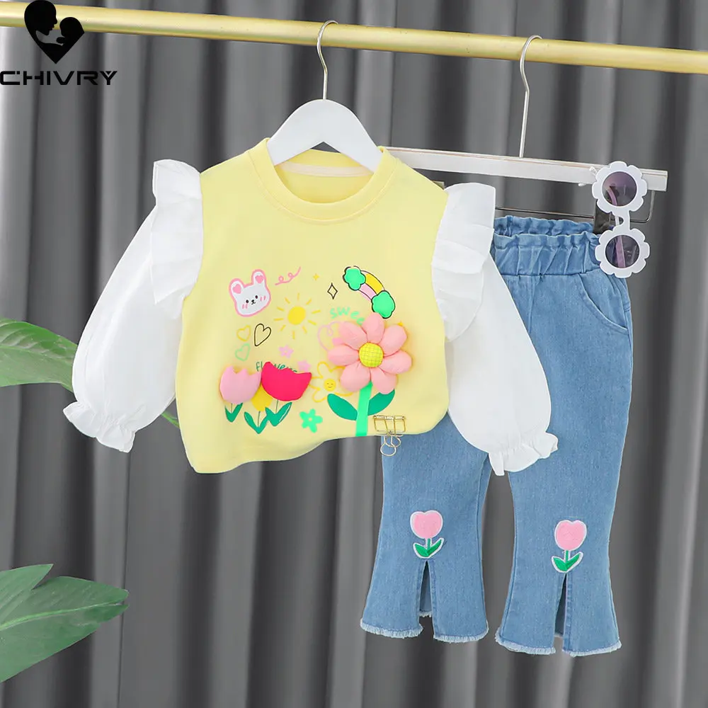 

Girls Fashion Clothing Sets New 2023 Baby Girl Spring Cartoon Flower Patchwork Sweatshirt with Denim Pants Kids Casual Clothes