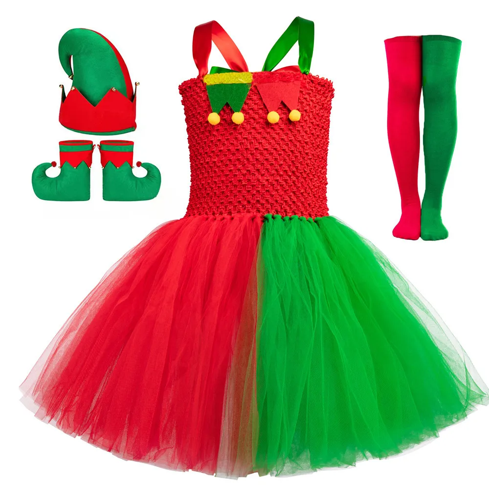 

Girls' Christmas Elf Cosplay Costumes for Kids Birthday Party Stage Performance Costume Red Green Mesh Christmas Tree Skirt 코스프레