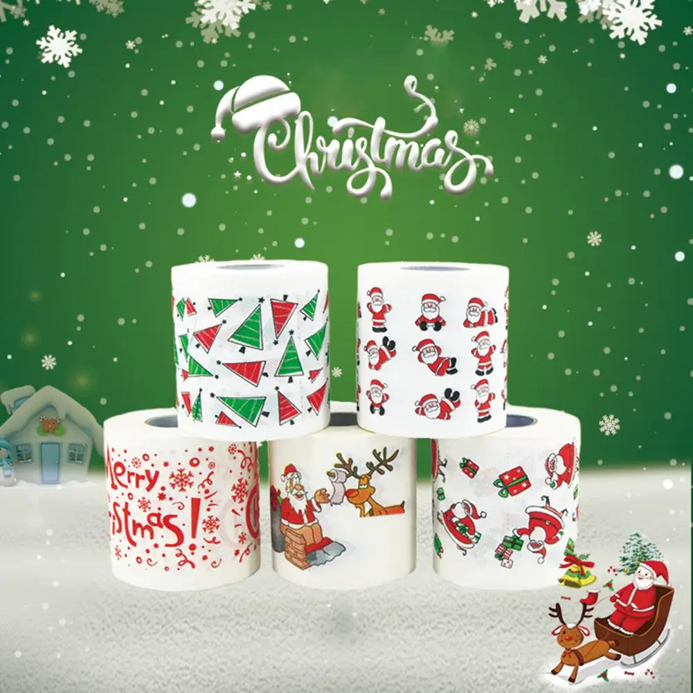 1 Roll Cartoon Pattern Disposable Toilet Paper Festive Soft Touch Decorate Christmas Holiday Printed Roll Paper for Festival toilet paper