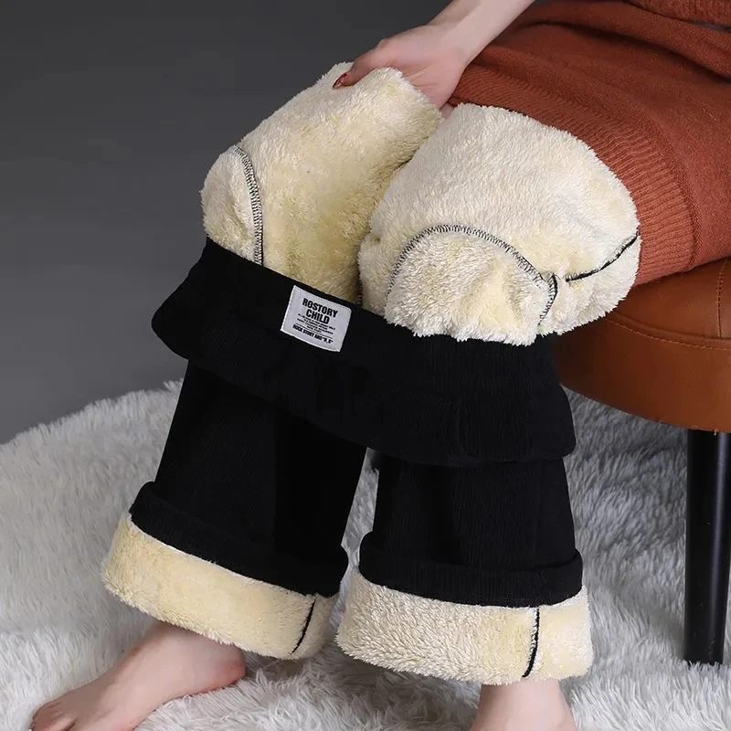 Fleece Lined Winter Wide Leg Pants Thicken Womens Straight Pantalones Baggy Warm Lambswool Sweatpants High Waist Casual Spodnie 4