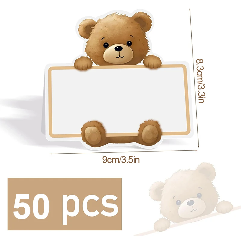 20/50Pcs Brown Bear Name Place Card Paper Seating Number Invitation Card Wedding Kid Birthday Party Baby Shower Table Decoration