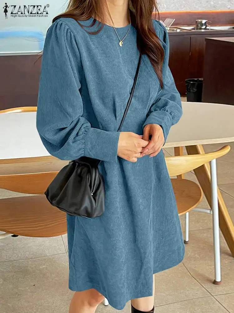 

ZANZEA Fashion Puff Long Sleeve Vestidos Women Corduroy Dress Casual Loose Pleated Knee-length Dresses 2023 Winter O-neck Robes