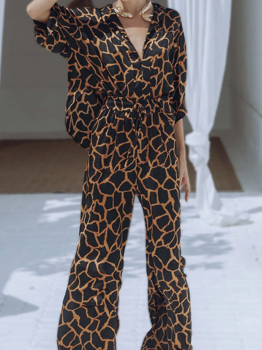 Mathaqiqi Leopard Print Women Pajamas Set Turn-Down Collar Sleepwear Half Sleeve Nightgowns Pants Fashion Ladies Nightwear Suit