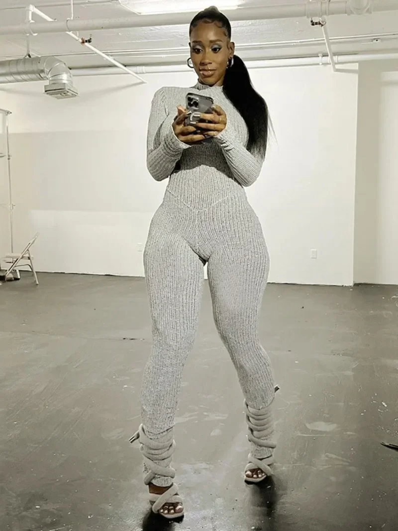 

Elegant Autumn Winter Knitted Jumpsuit for Women 2023 Long Sleeve Lace-up Solid One Piece Sweater Bodysuit Night Club Streetwear