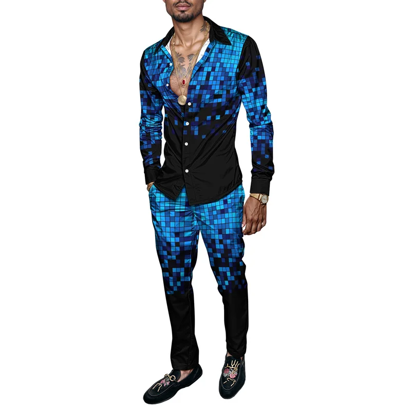 2025 New Arrival Men Shirt Set Geometry Print Summer Fashion Simple Two Piece Set Mens Gradient Lightweight Party Long Sleeves_voghion.com