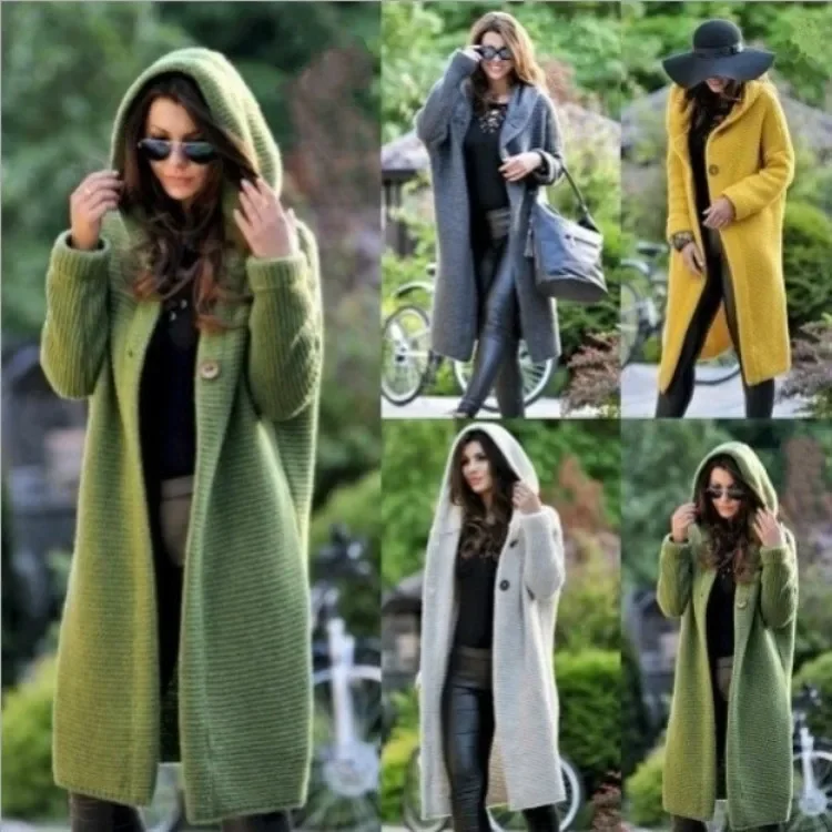 

Sweater Cardigan for Women Mid-length Hooded Knitwear Coats Solid Loose Lazy Style Tops Long Sleeve Casual Sweater Autumn Top