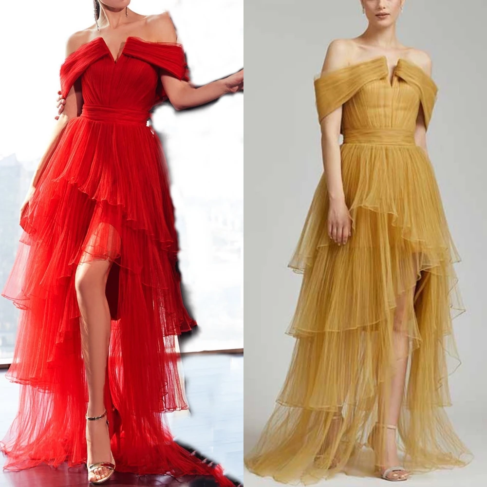 Tulle Pleat Evening Straight Off-the-shoulder Bespoke Occasion Gown Midi Dresses