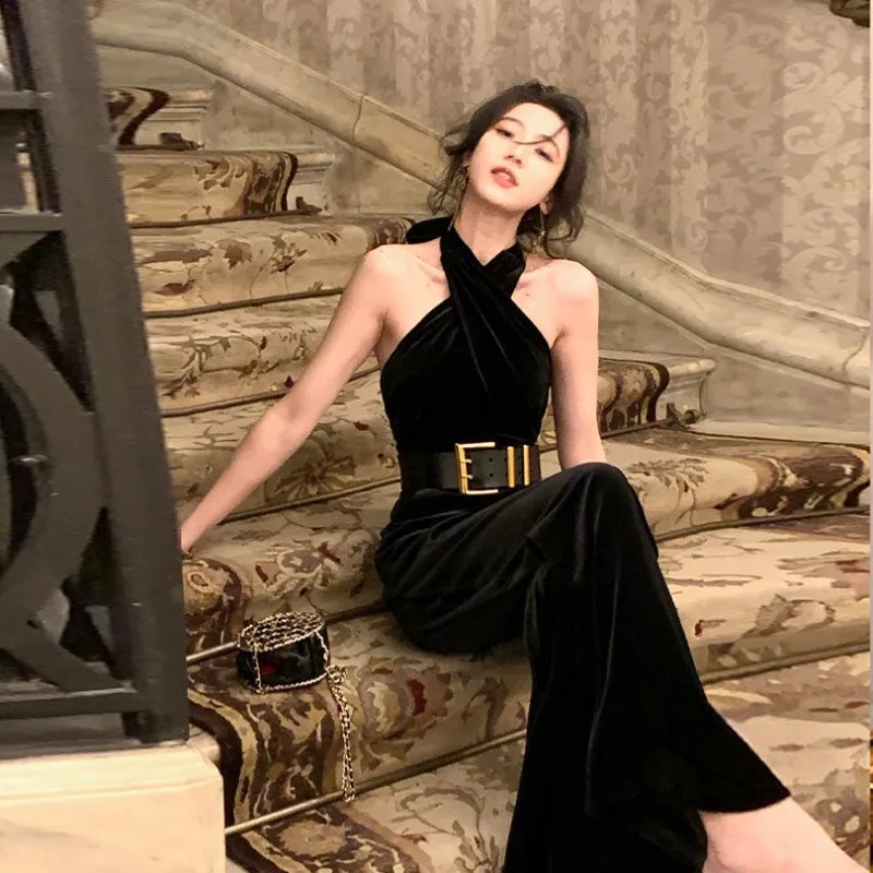 New Arrival French Style Jumpsuit in Black Velvet with Hanging Neck for Women in Spring 2024
