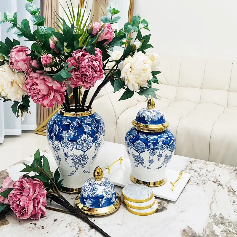 

Ceramic General Jar Ginger Jar Blue and White Porcelain Storage Tank Flower Vase Chinese Vintage Bottle Home Decoration