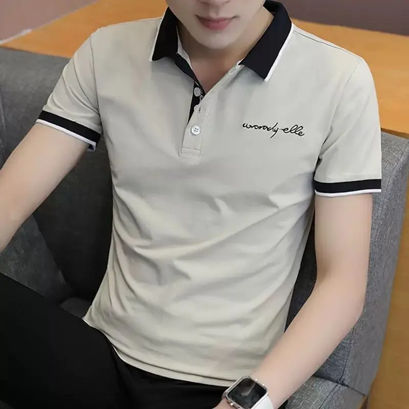 남성 디자이너 반팔 턴다운 칼라 티셔츠, 슬림핏 비즈니스 캐주얼 레터 단추 패치워크 상의, 여름
