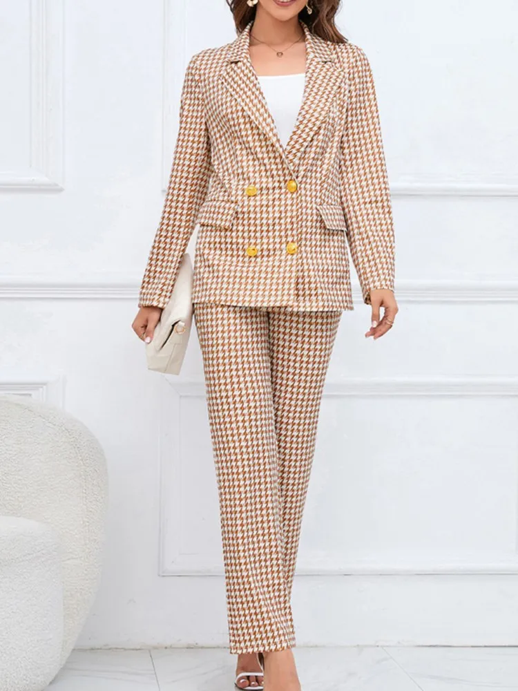 

Office Ladies Elegant Houndstooth Blazer Pantsuit Women Vintage Casual Slim Suit Jackets Pencil Pant 2 Pieces Set Female Outfits