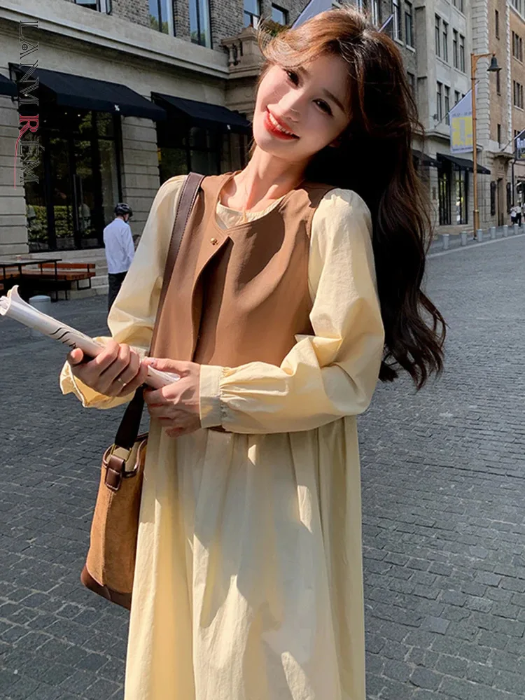 

LANMREM 2 Pieces Sets For Women Khaki Vest With Loose Long Sleeves Beige Dress Female Casual Clothing 2024 Spring 2DA3946