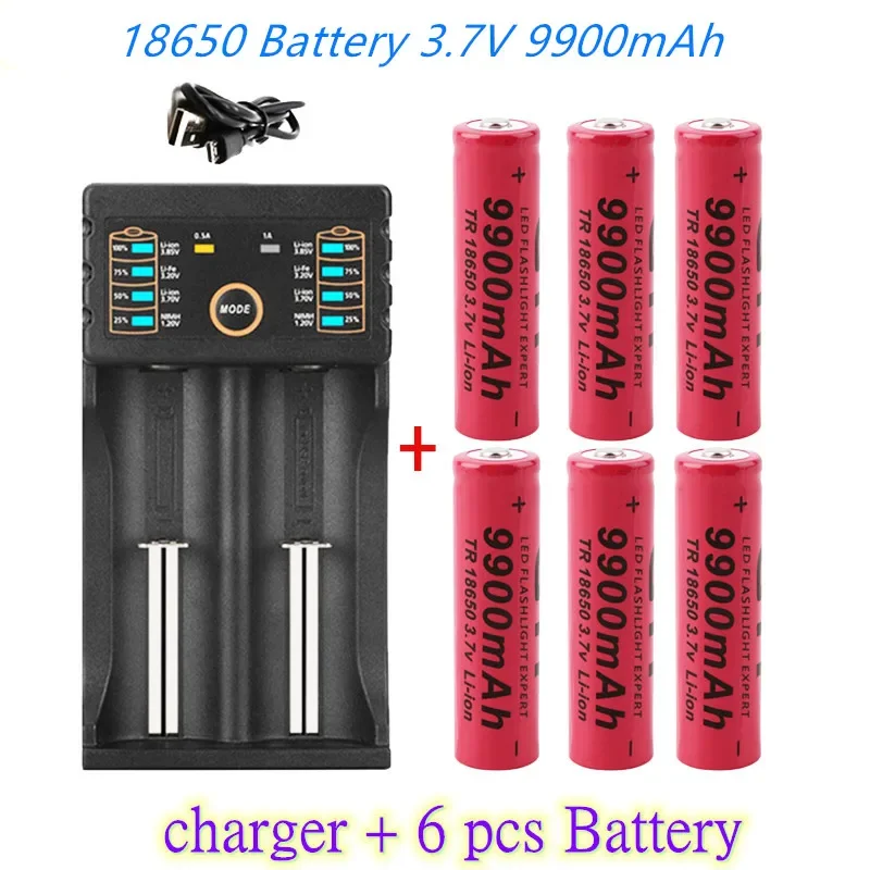 

18650 battery 3.7V 9900mAh rechargeable li-Ion battery with charger for Led flashlight batery litio battery+1 Charger