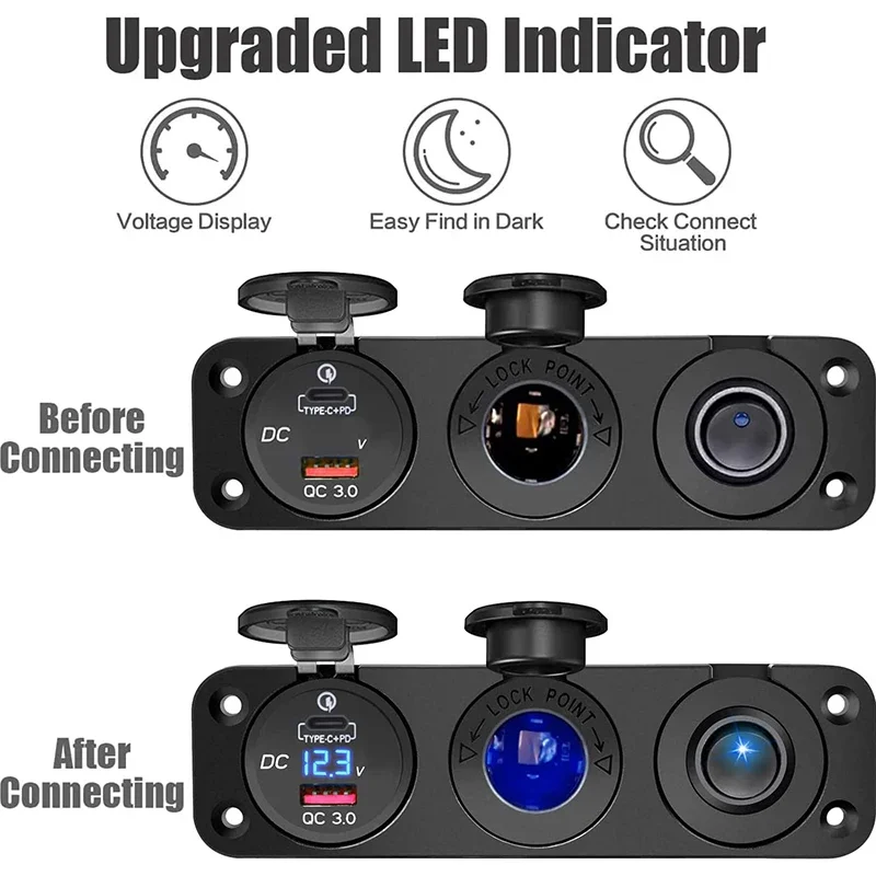 패널 담배 라이터 소켓 QC3.0, USB C 타입 PD 자동차 충전기 콘센트 전원 어댑터, 자동차 보트 RV용 전압계 포함, 3 in 1