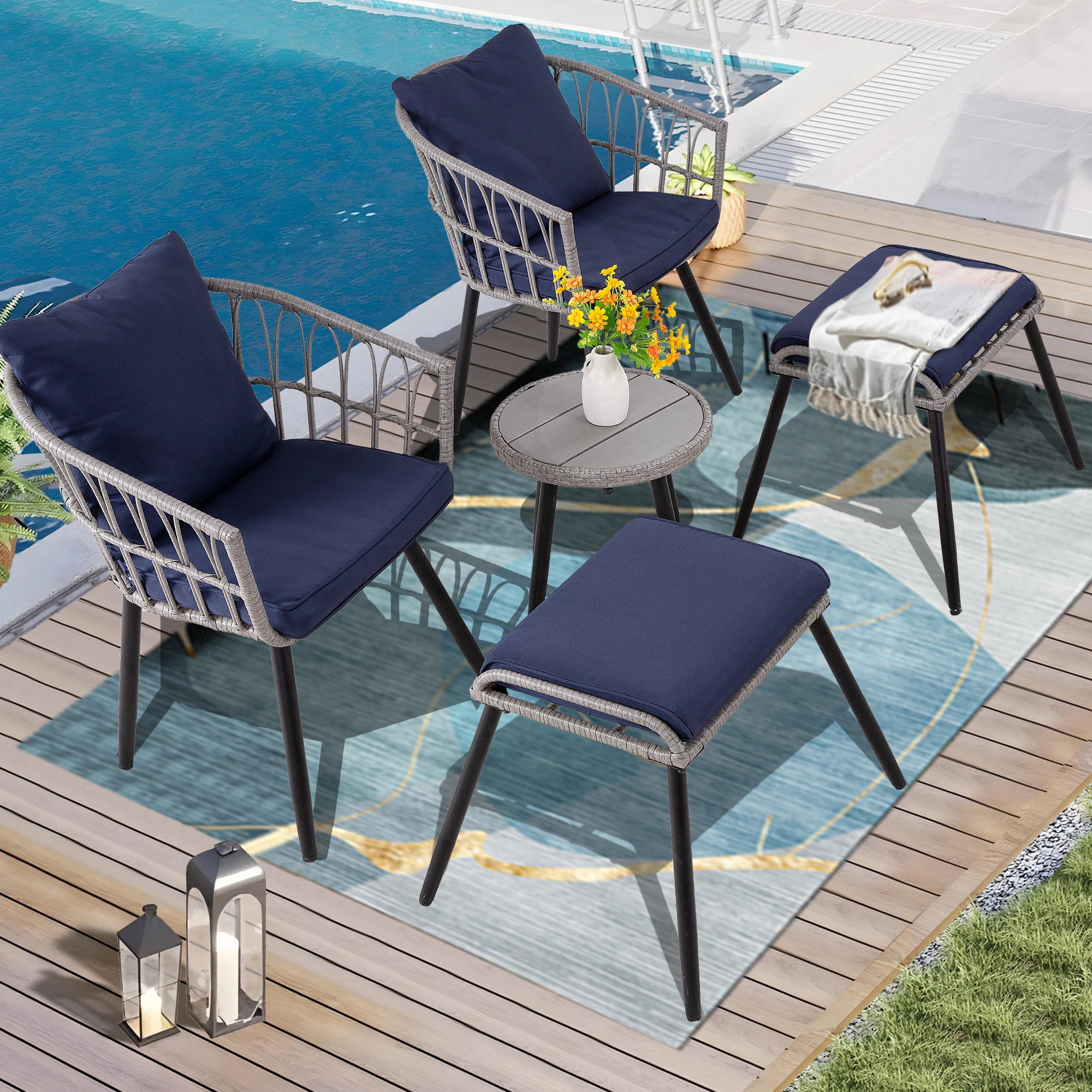 5 Piece Patio Furniture Set, Outdoor Wicker Small Conversation Bistro Set, All-Weather PE Rattan Chairs with Ottoman & Coffee Ta - Image 2