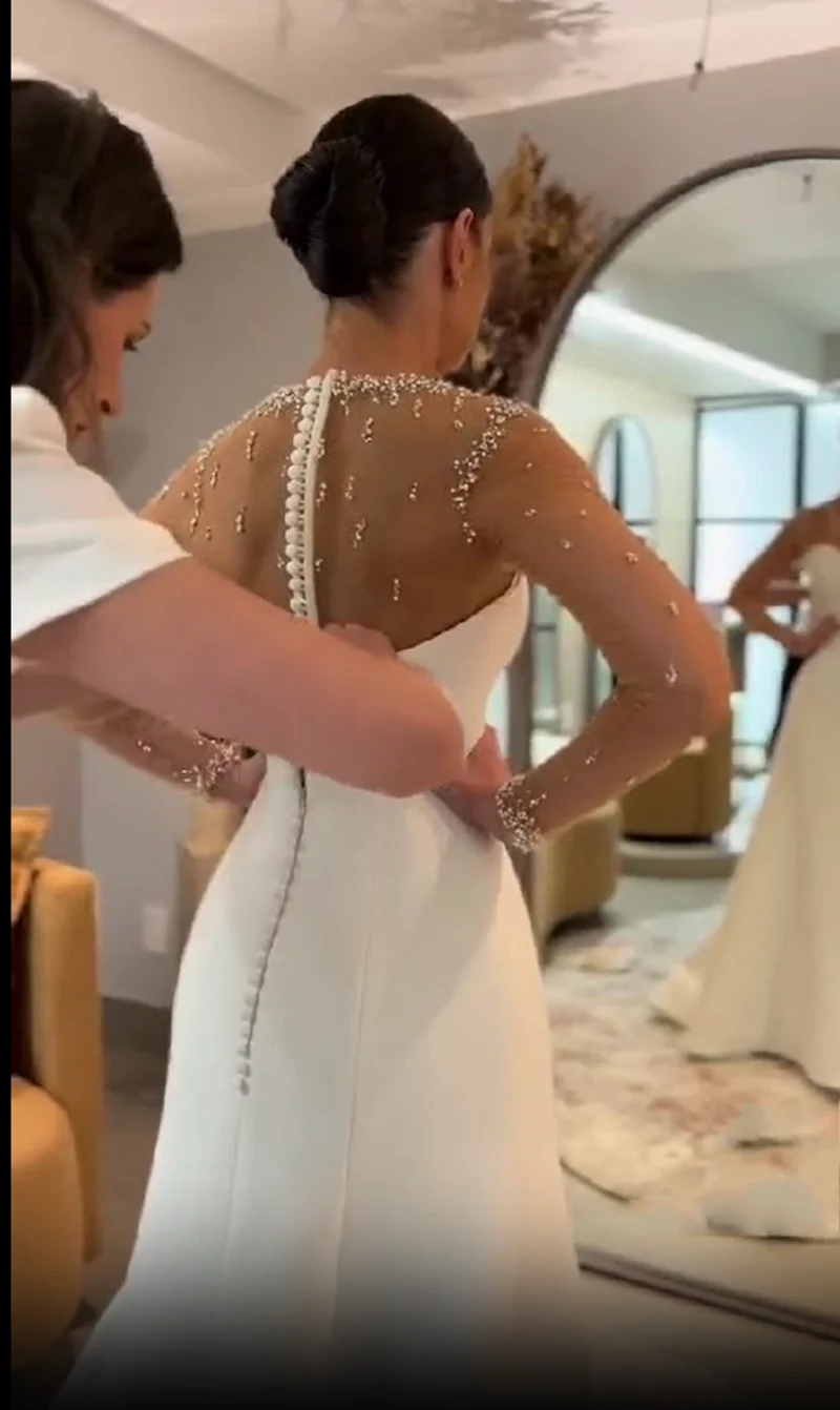 Elegant Pearls Wedding Dresses Luxury Customized Long Sleeves Country Bridal Gowns For Women Vestido De Novia